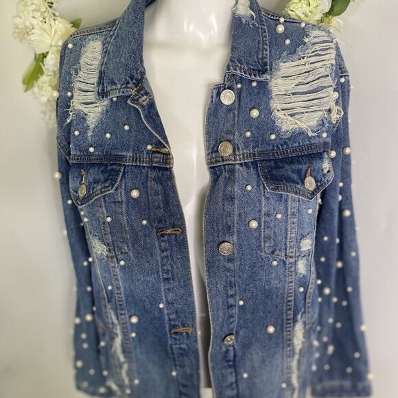 Sunset + Spring Denim Jacket Pearl Embellishment Bride Embroidered Size L NWOT - Picture 15 of 16